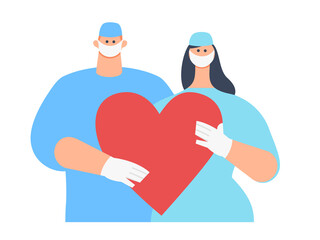 Concept of help, charity, volunteering, mutual assistance, home page of the site. Young couple of doctors, woman and man are holding a heart in their hands. Vector illustration.