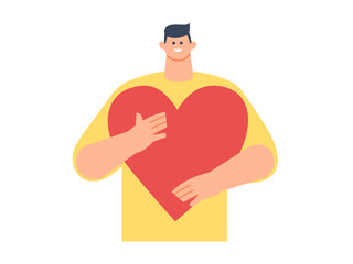 Young man holding a heart in his hands. Concept of help, charity, volunteering, mutual aid. Flat style. Vector illustration.