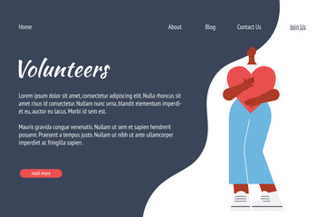 Landing page template with flat concept of help, charity, volunteering, mutual aid, website main page. Young African American woman holding a heart in her hands. Vector illustration.