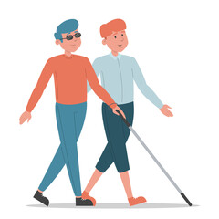 Blind man walking with a friend vector isolated. Help and support for disabled people. Male characters walking together and talking. Handicapped person with sunglasses and walking cane.