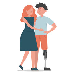 Man with prosthetic leg hugs woman vector isolated. Romantic couple, wife and husband. Happy person with disability.