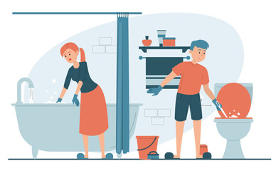 Woman cleaning bathtub and man washing toilet. Everyday domestic routine, housewife in gloves, washing bath using sponge. Hygiene in the house, daily routine. Family daily routine.
