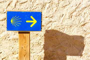 Camino de Santiago to Compostela , shell and yellow arrow signs , Galicia, Spain