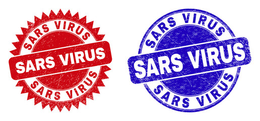 Round and rosette SARS VIRUS seal stamps. Flat vector grunge seal stamps with SARS VIRUS caption inside round and sharp rosette form, in red and blue colors. Imprints with unclean texture,