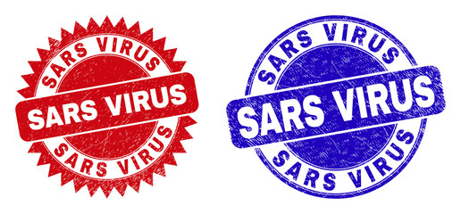 Obraz premium Round and rosette SARS VIRUS seal stamps. Flat vector grunge seal stamps with SARS VIRUS caption inside round and sharp rosette form, in red and blue colors. Imprints with unclean texture,