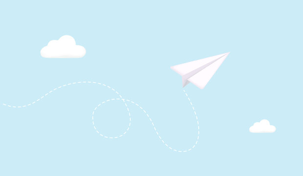 Airplane. White paper airplane with shadow in the sky. Airplane on a blue background.  3D Vector Illustrations. Web banner