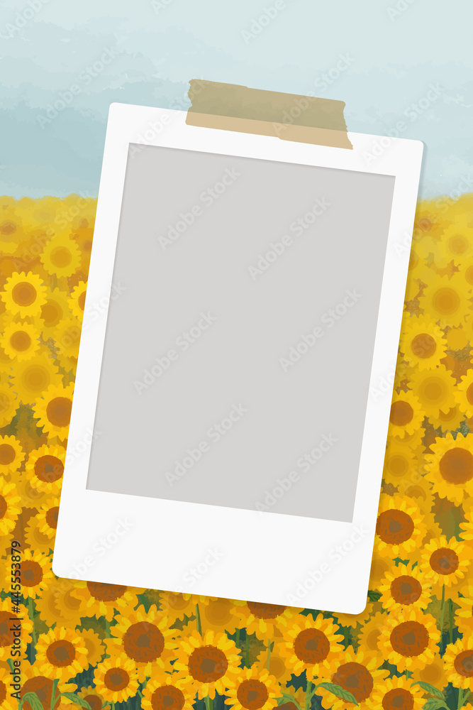 Poster empty instant picture frame on sunflower field background vector
