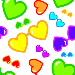 Fototapeta na wymiar Colorful heart shape sunglasses on white background seamless pattern. Vector illustration.
