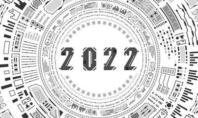 Happy New Year 2022 with Futuristic HUD Circles Design, Technology Celebration Background