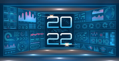 2022 Happy New Year on blue background with HUD,GUI, UX interface