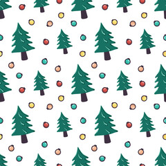 Seamless pattern with Christmas tree and garland balls. Festive print for new year and winter holidays, textiles, wrapping paper and design
