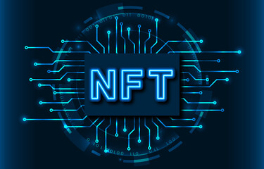 NFT Non-Fungible Token with neon effect. Chip and circuit texture. Crypto art