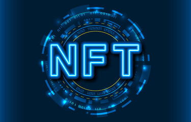 NFT Non-Fungible Token with neon effect. HUD background. Crypto art