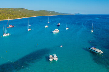 Fototapeta premium Aerial view of a beach with the boats on the Sakarun beach, Adriatic Sea, Croatia