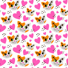 Pattern with a cute cat. Tricolor cat