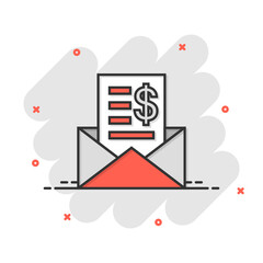 Obraz premium Envelope with money icon in comic style. E-mail cash cartoon vector illustration on white isolated background. Finance message splash effect business concept.