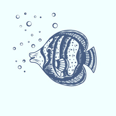Hand drawn cute fish with water bubbles. Cartoon children's illustration. A design element in the marine style