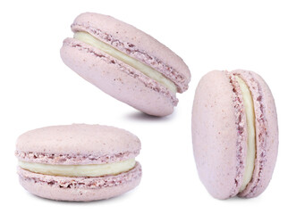 Set with delicious macarons on white background