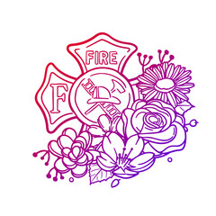 Firefighter Icon Rose Flower with Vintage Medal Design. Security Floral Frame Ornament Vector Style. Decoration Design Wreath Illustration.