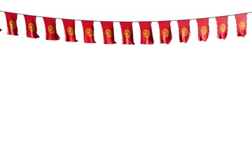 beautiful many Kyrgyzstan flags or banners hangs on rope isolated on white - any feast flag 3d illustration..
