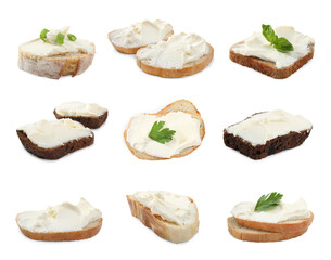 Set of bread with cream cheese on white background