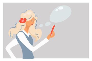 Girl cute talking on the phone. Young woman using smartphone for dating or looking for love as a message. Close up portrait of blonde. Flat vector illustration with speech bubble Template for a banner