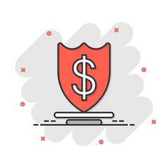 Shield with money icon in comic style. Cash protection cartoon vector illustration on white isolated background. Banking splash effect business concept.