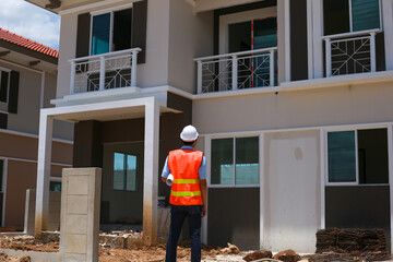 Asian male builder Stand and attach the paper to the construction drawing for inspection.