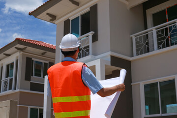 Asian man civil engineer paper plan building architect wearing white safety helmet look at the construction site