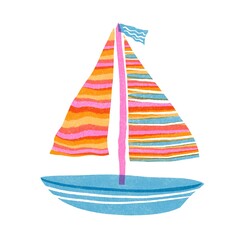 Whimsical sailboat riso print beach design element. Colorful cute screen  print effect. Playful summer sailing beach illustration art icon. High resolution travel motif isolated on white. © Nautical