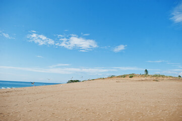 Fototapeta na wymiar Seagulls at Sunny Beach on Black Sea in Bulgaria. Summer vacation travel holiday.