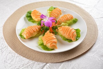 Deep fried bean curd pipa tofu with Chef special salad sauce on white background Asia halal menu
