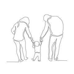 Continuous line drawing of happy family, parents holding child. design element , poster, wall art concept design with active stroke.