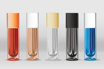 Realistic cosmetic mockup. Packages for cosmetic product. Blank templates of containers vial with dropper, bottle for shower gel, lotion, shampoo with pump dispenser, jar, tube for cream.