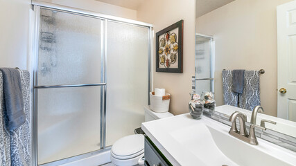 Pano Bathroom interior with decorative displays and shower stall with sliding frosted glass panel