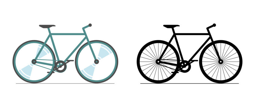 Bicycle color and black icon set. Cycle wheel colored silhouette sign on white background. Bike city transport vehicle symbol vector eps illustration