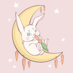 Little white rabbit eating a carrot on the moon surrounded by stars and carrots. Vector illustration for children rabbit lying on the moon. Fluffy white hare eating carrot children's illustration