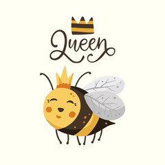 Cute cartoon bee illustration design with crown lettering funny quote. Insect love animal bumblebee honey greeting card. My honey.