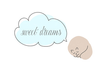 A cute cat sleeps and has sweet dreams. Illustration with text cloud with hand lettering