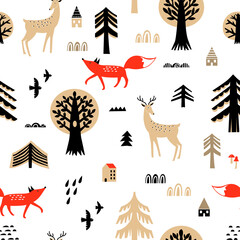 Vector seamless pattern with cute fox, deer on white background. Scandinavian style flat design. - 445562249