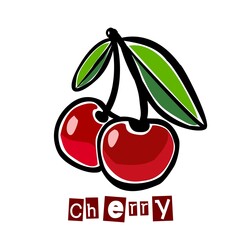 Cherry flat line art in red, ruby, green colors, on yellow background, black line contour, lettering, line out style, label, stickers