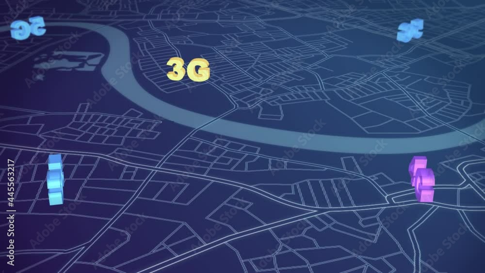 Poster animation of city map with internet wireless network connection. 5g, 4g and 3g technology, digital b