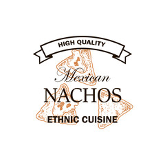 Hand drawn nacho chips logo isolated on white background. Vector illustration in sketch style