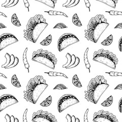 Mexican food seamless pattern with taco. Vector illustration in sketch style