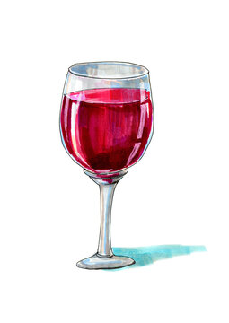 Glass of a red wine.Picture of a alcoholic drink.Watercolor hand drawn illustration.	