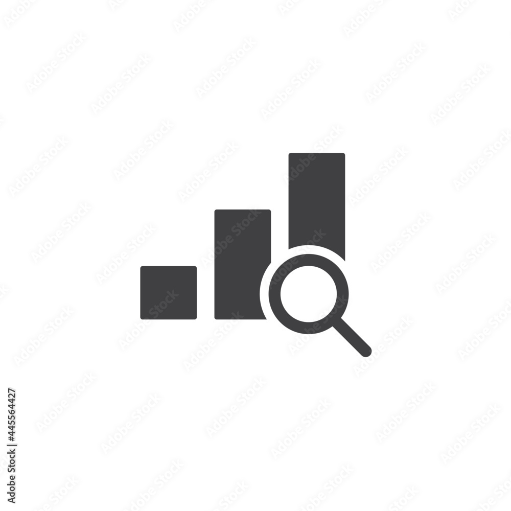 Poster graph chart with magnifier icon. growing black graph outline and magnify glass. financial audit symb