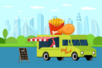 Fast food street truck with menu signboard outdoor city park. Chicken and french fries on van roof. Fried potato and crispy leg delivery service banner. Festival cuisine wheels poster eps illustration