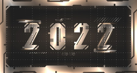 Happy New Year 2022, metallic figures, modern type. Lettering with futuristic elements