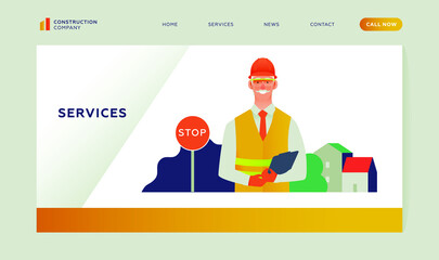 Services. Construction Company. Male Worker in Uniform, Helmet in Front of Stop Sign, City Background. Modern Flat Vector Illustration. Landing Page Template. Website Banner.