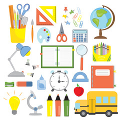 School tools vector illustration. Collection of vector elements on the theme of school, study, education. Flat set of school supplies and accessories for pupil or student.